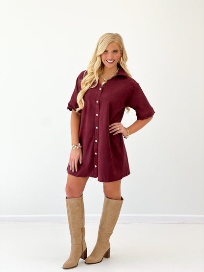 Burgundy suede button-down dress with scalloped collar and front button placket