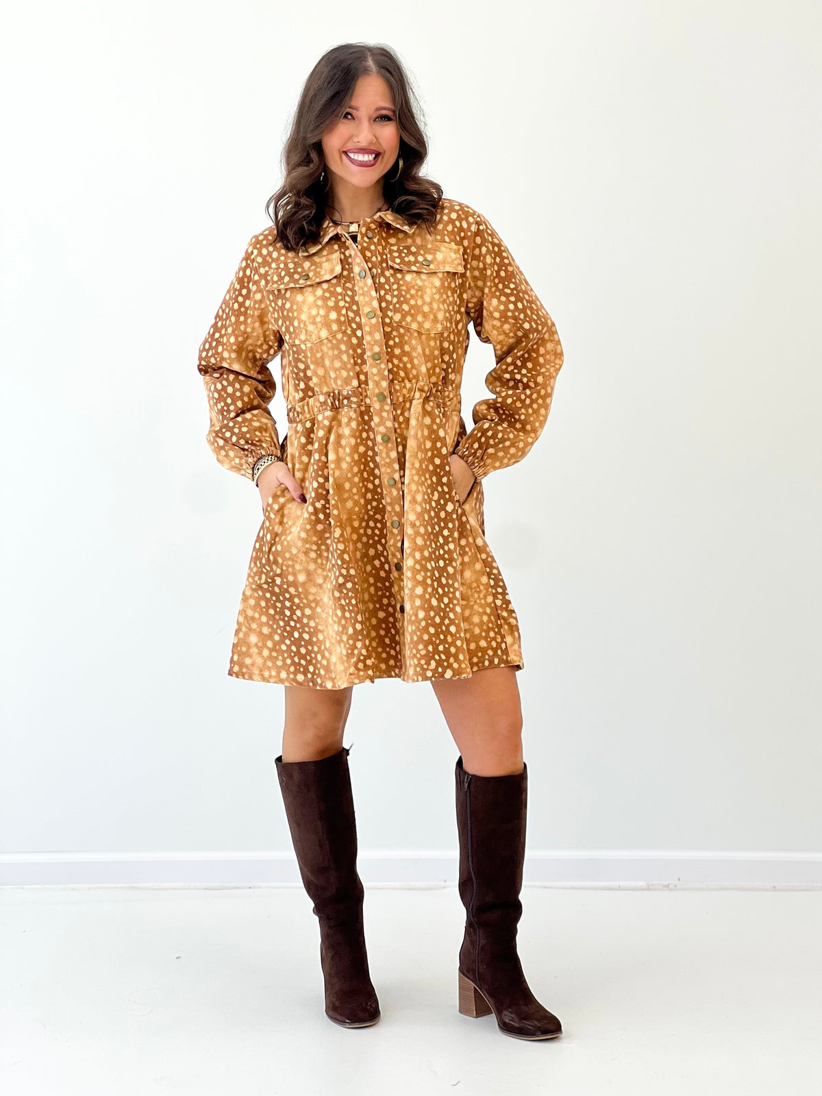 Bambi print button-down mini dress with collar and cuffed long sleeves, brown
