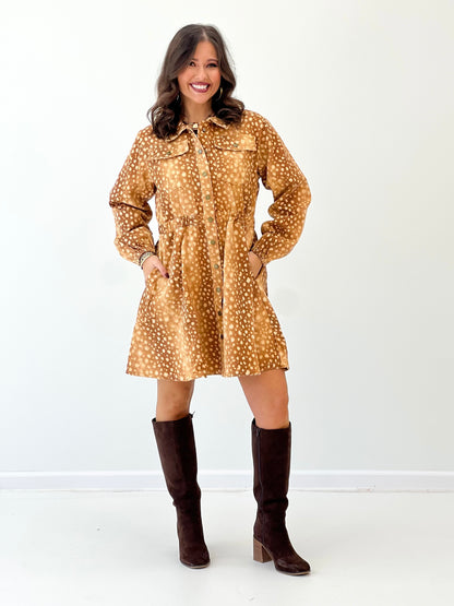 Bambi print button-down mini dress with collar and cuffed long sleeves, brown