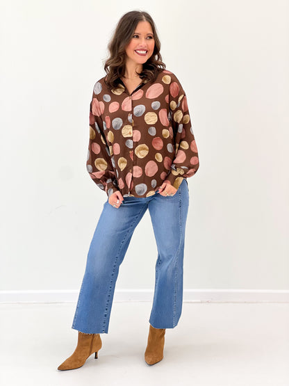 Fate Polka Dot Satin Button Down Top