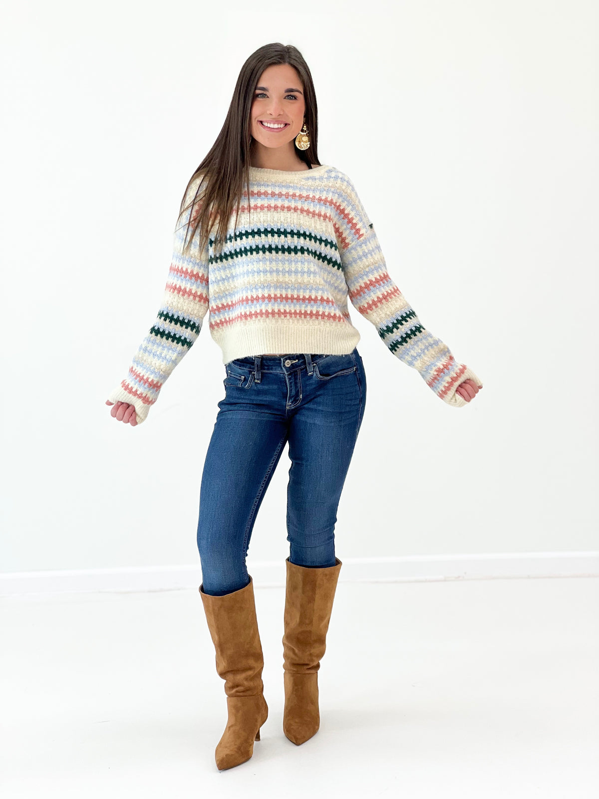 Cream multi striped cropped knit sweater with relaxed dropped-shoulder fit