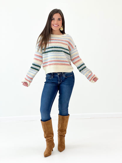Cream multi striped cropped knit sweater with relaxed dropped-shoulder fit