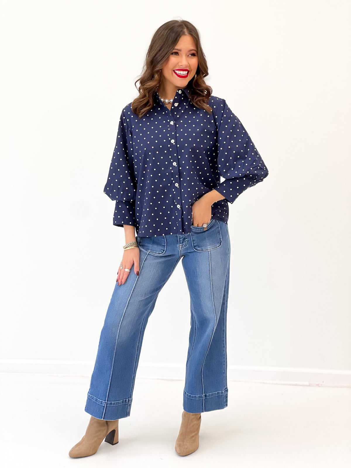 Jodifl Polka Dot Bishop Sleeve Button Down Top