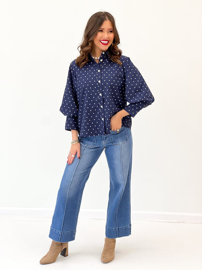 Jodifl Polka Dot Bishop Sleeve Button Down Top