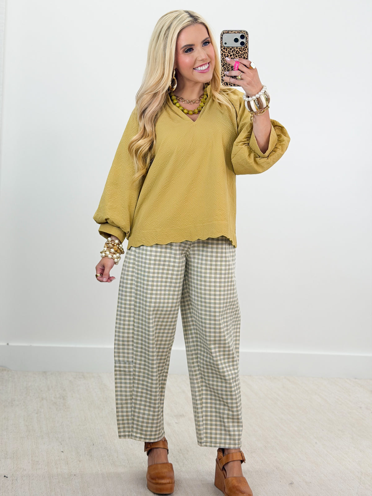 Mustard scalloped V-neck long sleeve top, loose fit