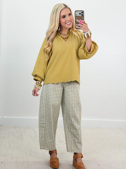 Mustard scalloped V-neck long sleeve top, loose fit
