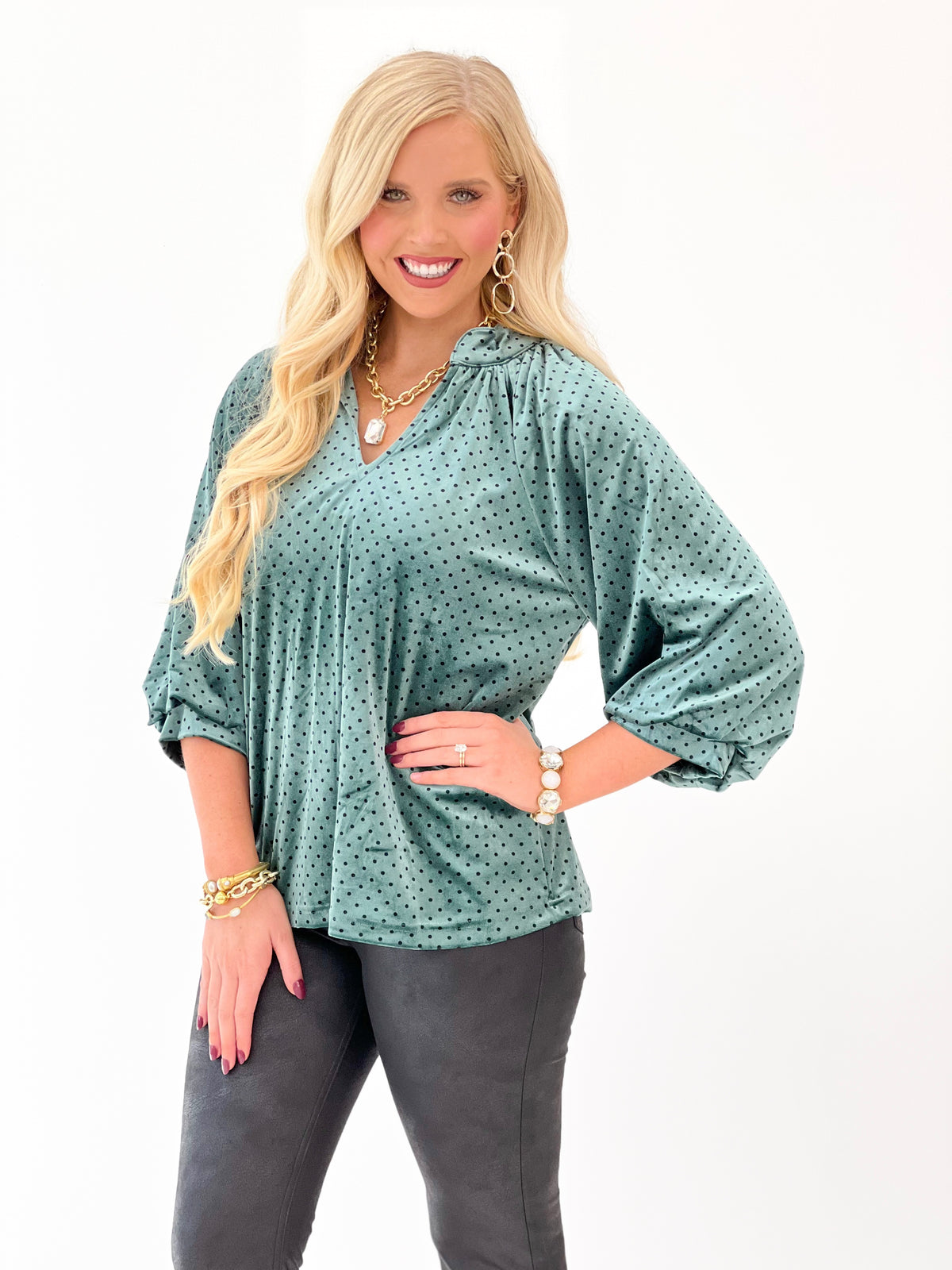 Umgee Velvet Polka Dot Balloon Sleeve Blouse