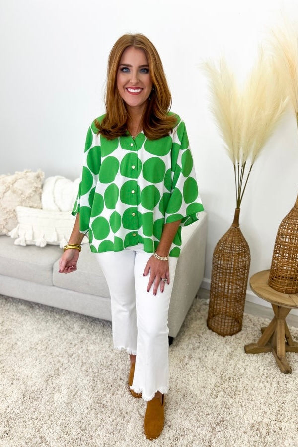 Kelly Green Dot Print Button Up Top