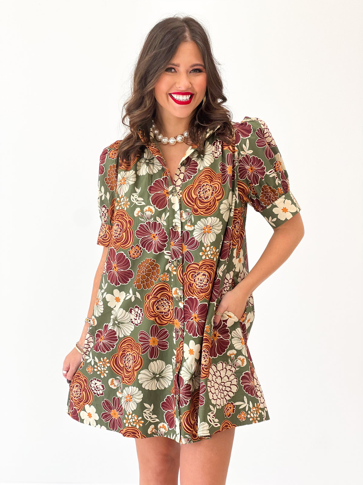 Entro Floral Puff Sleeve Collared Mini Dress