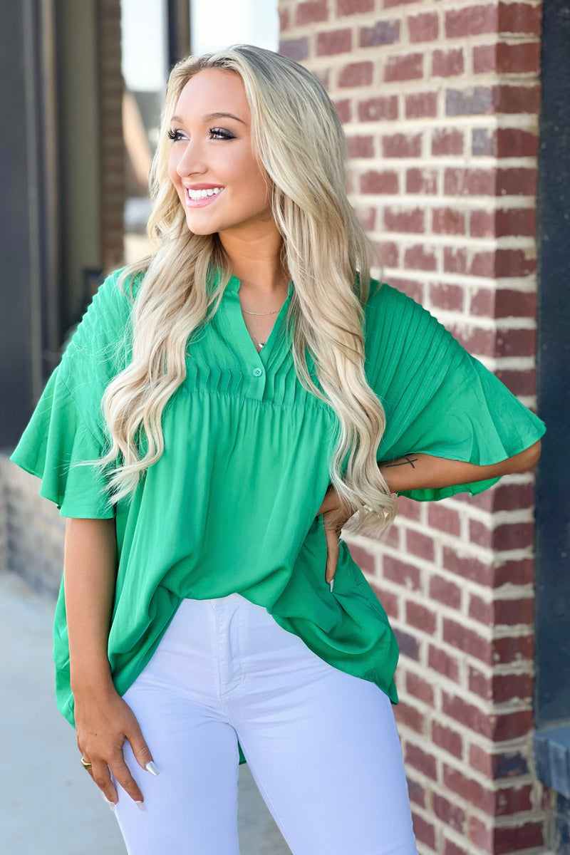 Kelly Green Pleated V-Neck top