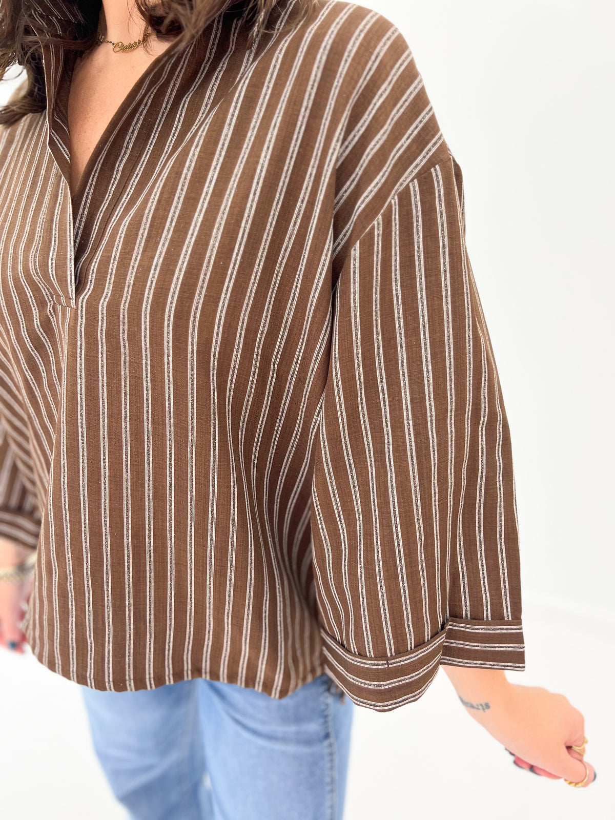 Glam Lapel Collar V-Neck Drawstring Hem Oversized Top