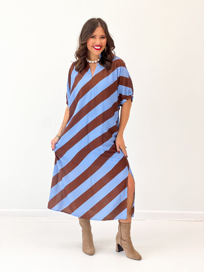 Light blue and rust striped V-neck dolman sleeve midi dress, front view