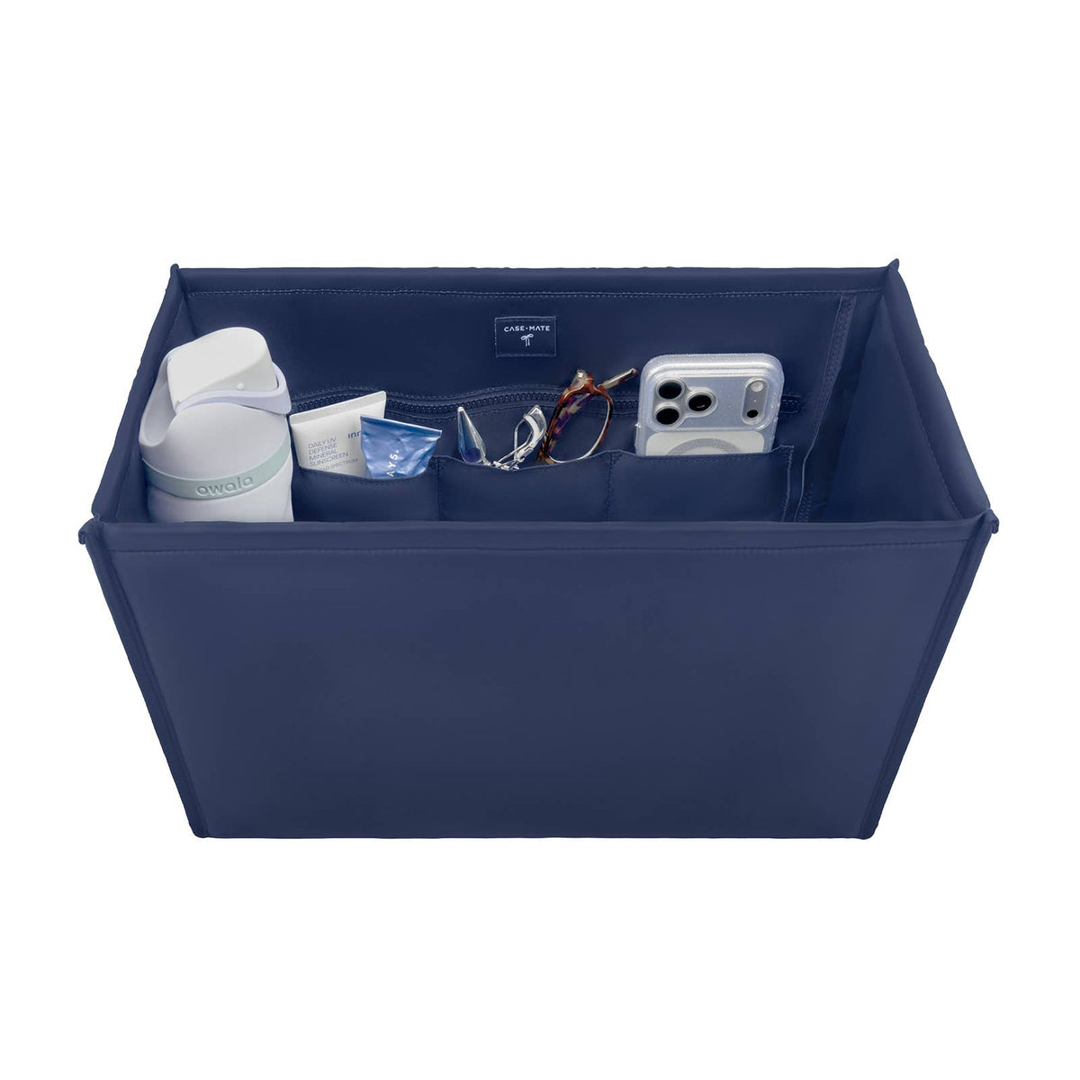 Navy tote organizer insert with open top and multiple interior pockets