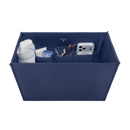 Navy tote organizer insert with open top and multiple interior pockets
