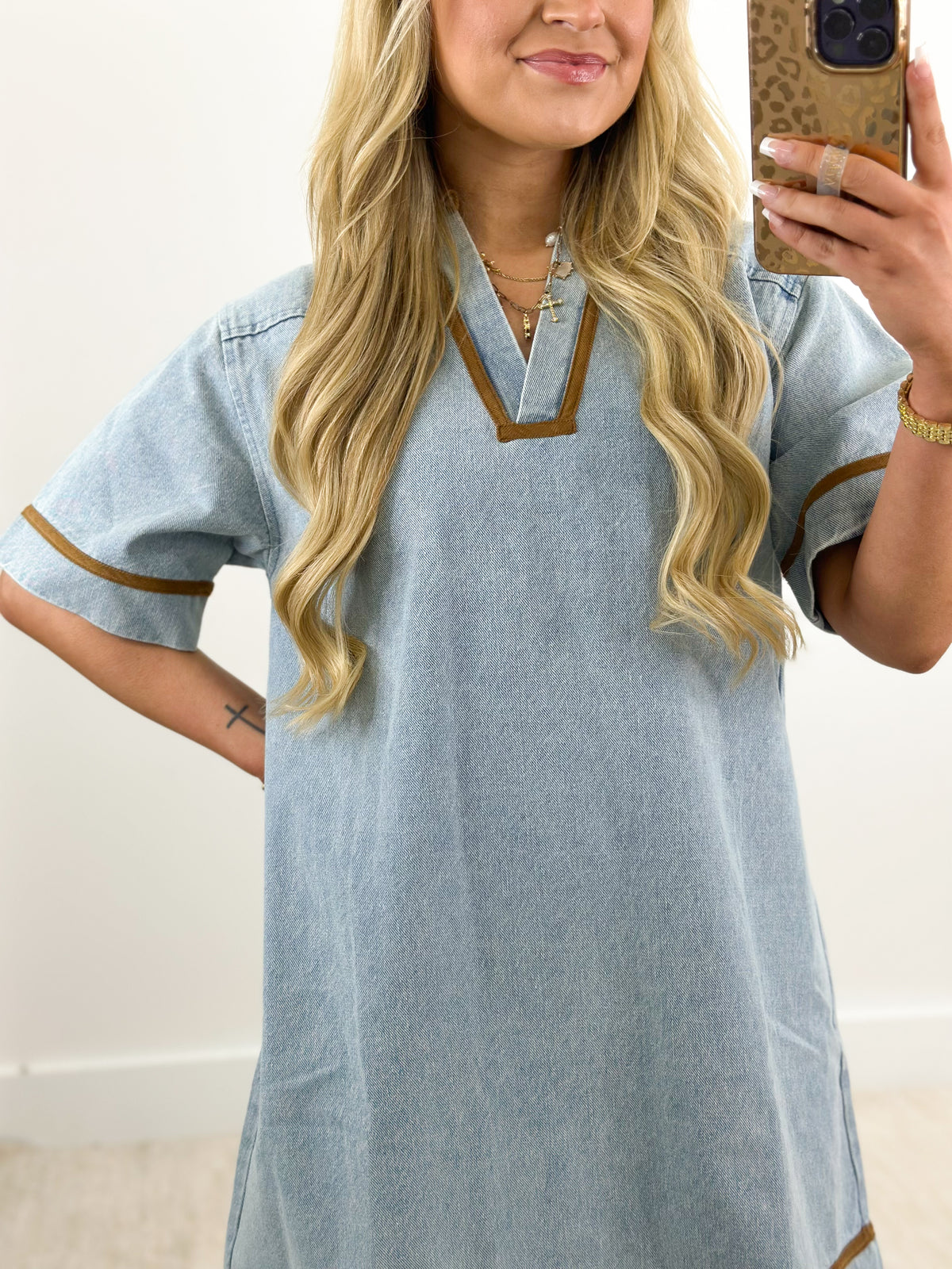 Washed denim V-neck dress with corduroy trim, short sleeves, straight hem