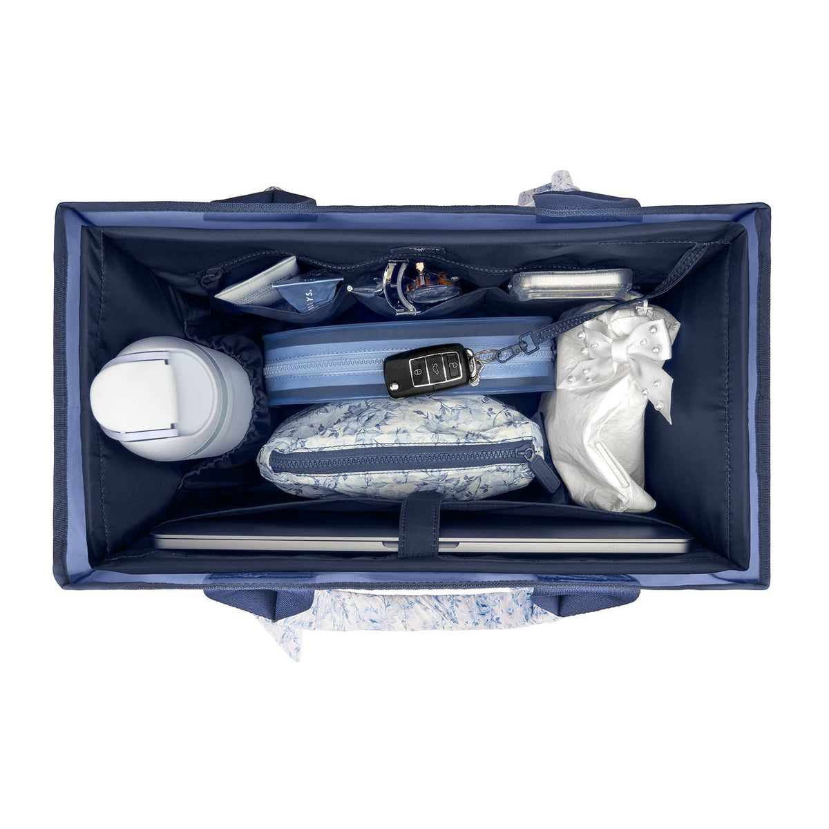 Navy tote organizer insert with open top and divider pockets for daily items