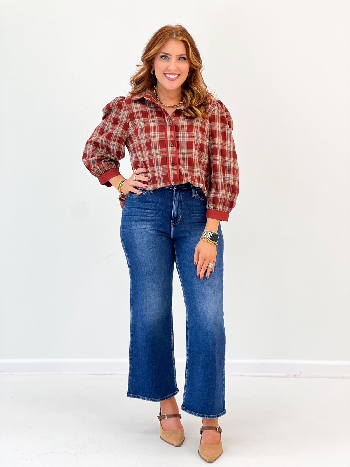 Umgee Plaid Button Front Puff Sleeve Blouse