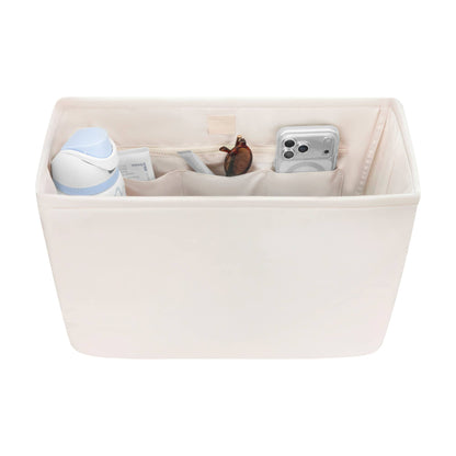 Cream tote organizer insert with open top and interior divider compartments