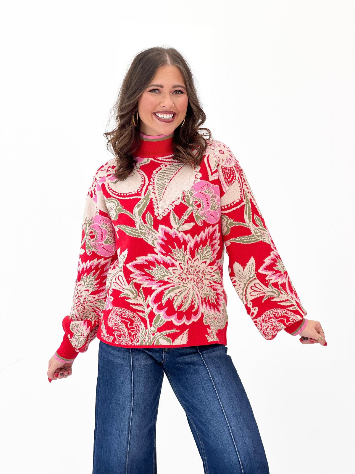 Fate Bold Floral Jacquard Knit Mock Neck Sweater