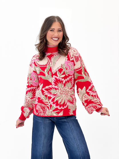 Fate Bold Floral Jacquard Knit Mock Neck Sweater