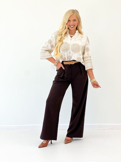 Gigio metallic embroidered V-neck blouse, ivory long sleeves and circular front embroidery