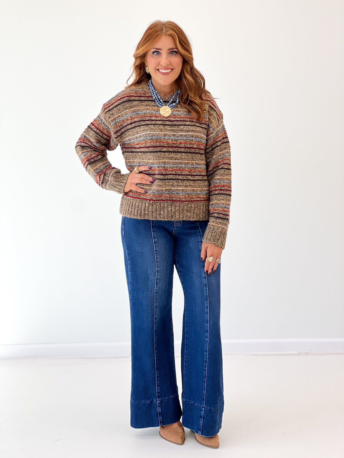 Striped brushed knit sweater with crewneck and long sleeves, ribbed trim, multicolor stripes