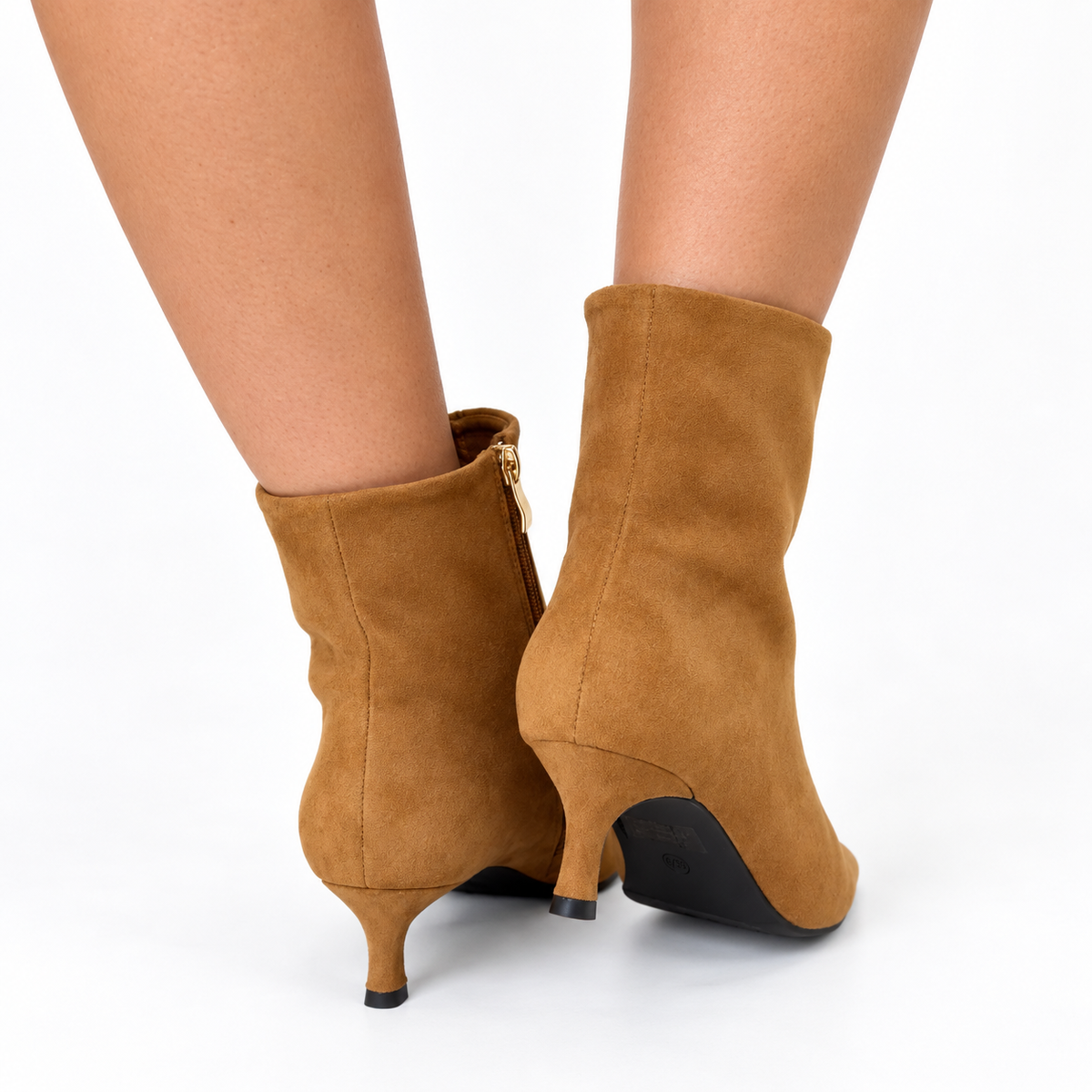 Camel suede ankle boots with side zipper, low heel and pointed toe, back view