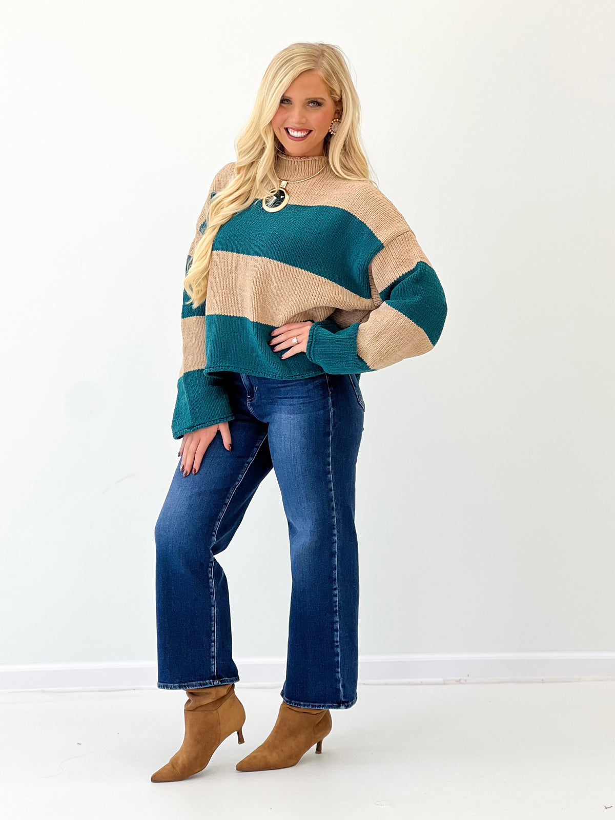 Sand and teal striped chenille mock neck sweater with long sleeves, front view