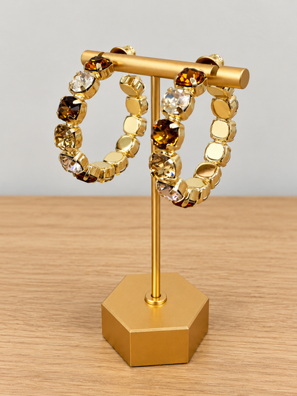 Pair of gold-tone hoop earrings with amber and clear faceted gemstone beads