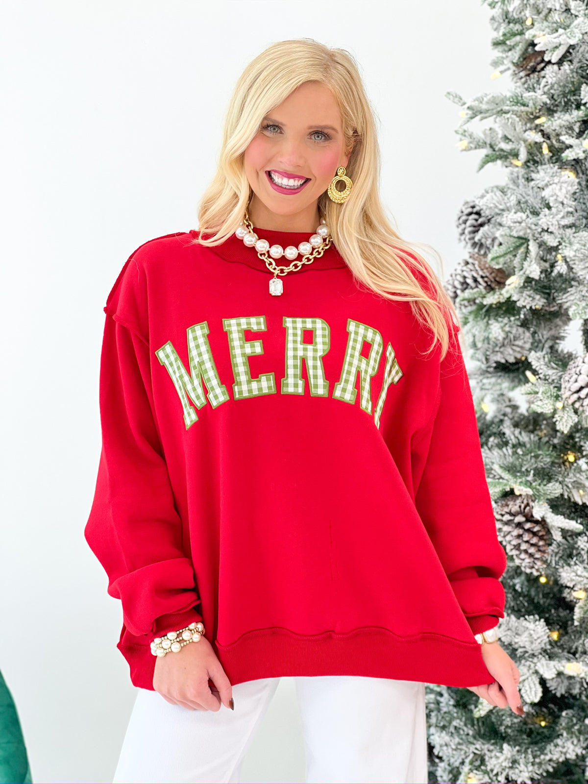 Red mock-neck Christmas sweatshirt with long sleeves and embroidered MERRY across chest