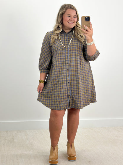 Blue plaid button-down long-sleeve dress with collar and front buttons, above-knee length