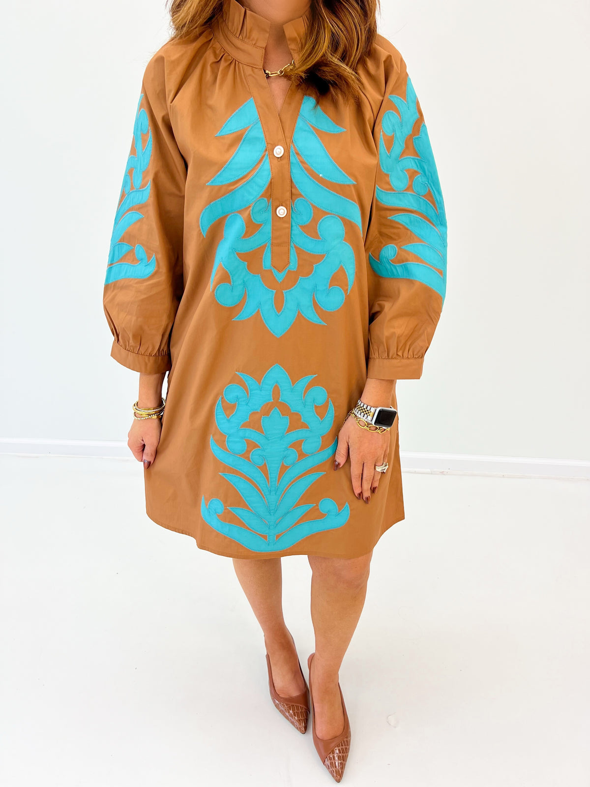 Jodifl Embroidered Long Sleeve V-Neck Dress