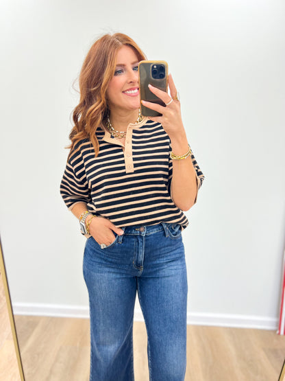 Striped short-sleeve sweater top with henley button placket, black and light stripes