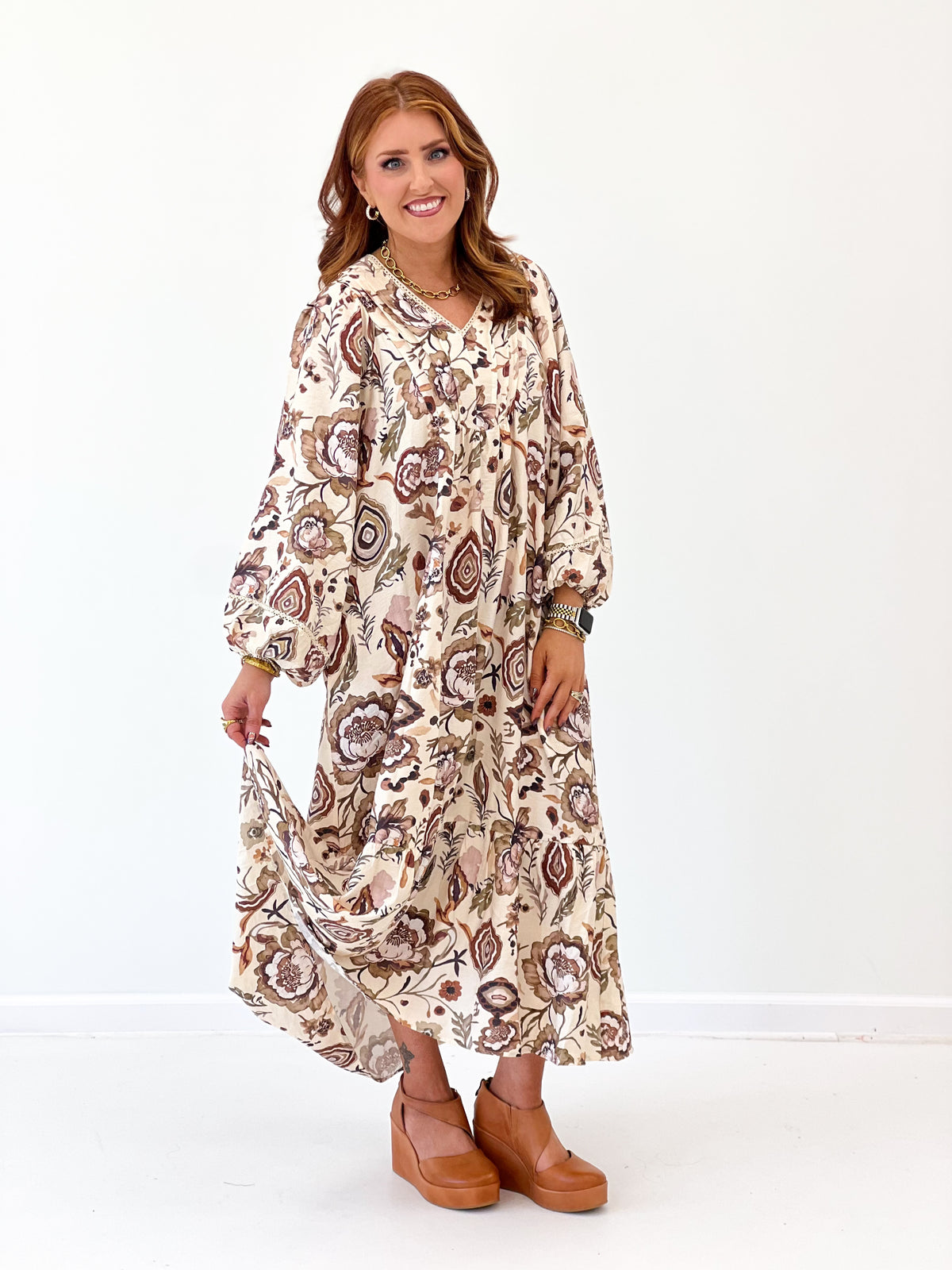 Ecru floral print maxi dress with puff sleeves, gathered neckline
