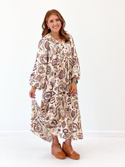 Ecru floral print maxi dress with puff sleeves, gathered neckline