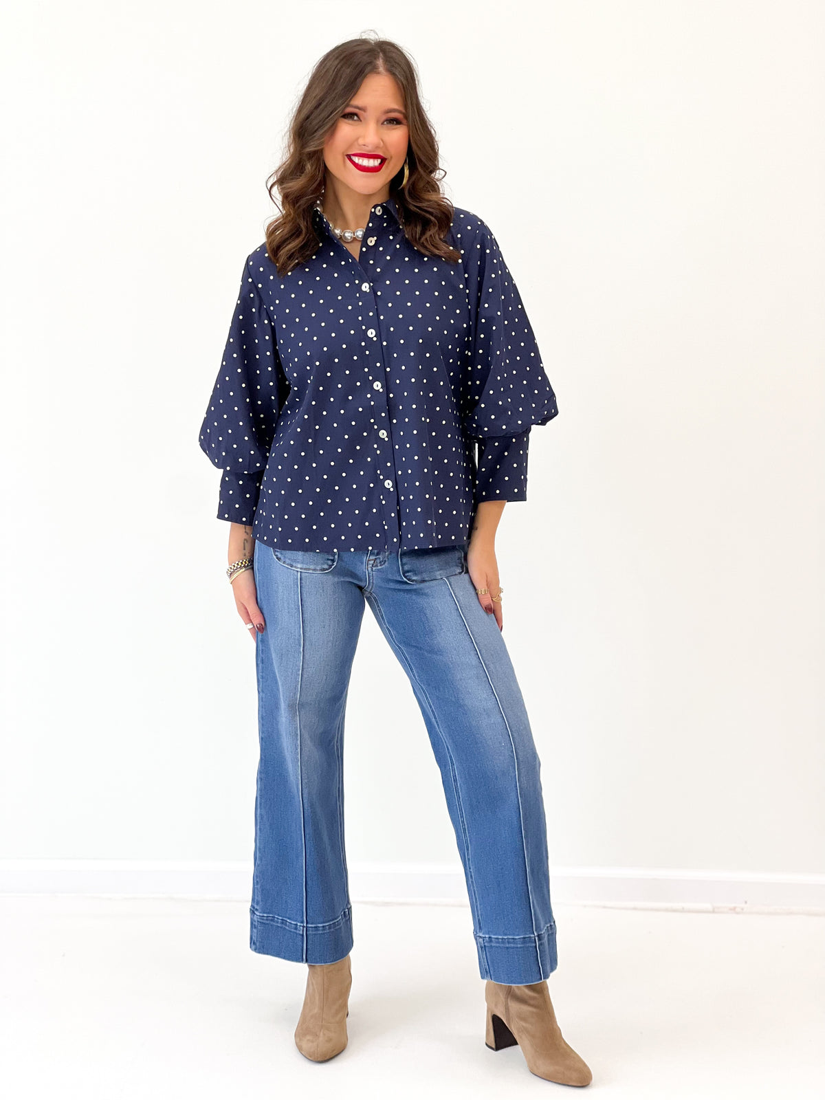 Jodifl Polka Dot Bishop Sleeve Button Down Top