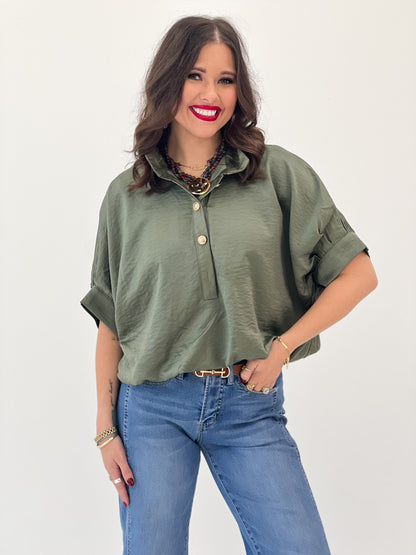 Olive stand-collar button-up short-sleeve blouse with front placket and cuffed sleeves