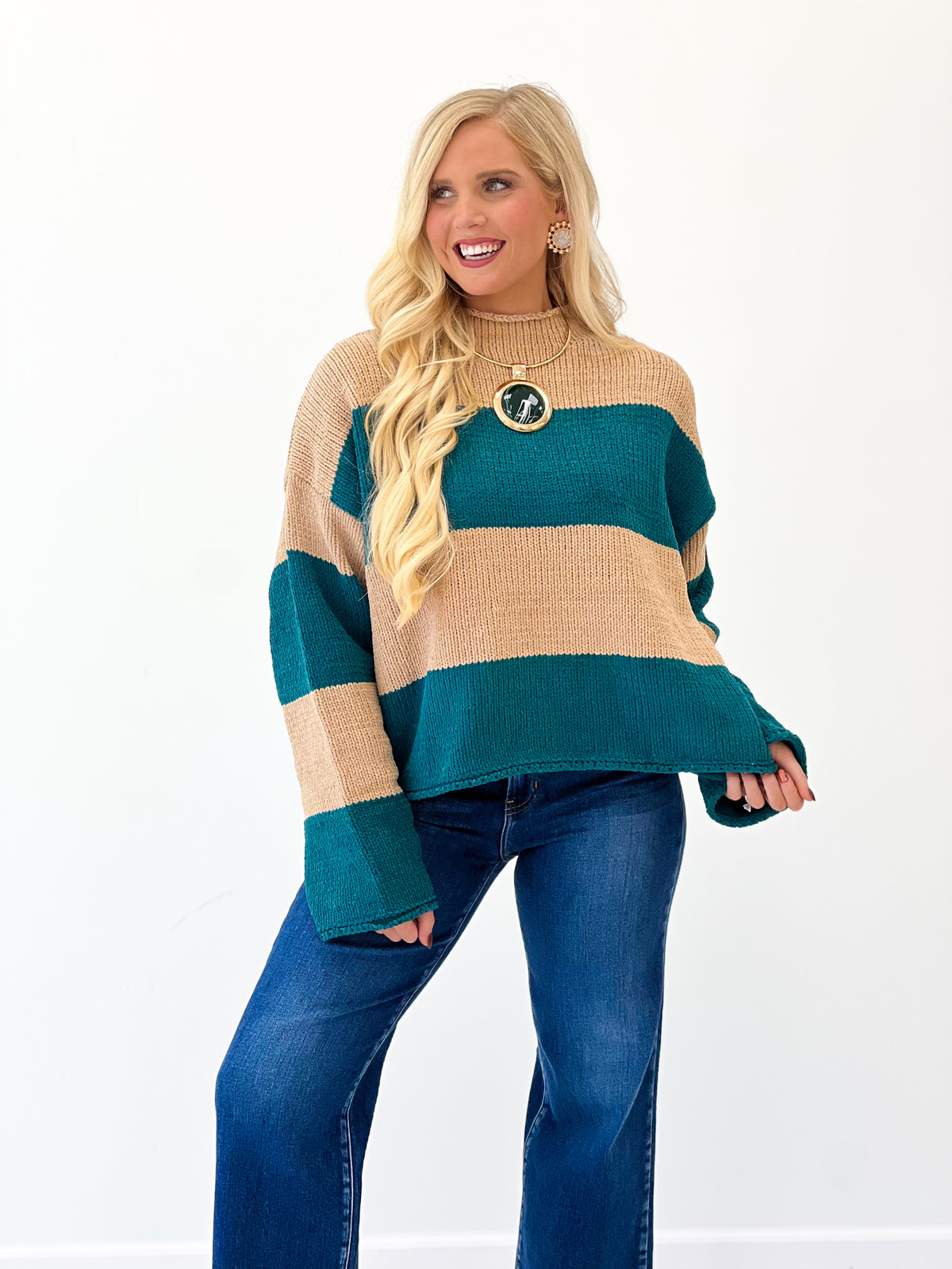 Chenille mock neck sweater with sand and teal wide stripes, relaxed fit