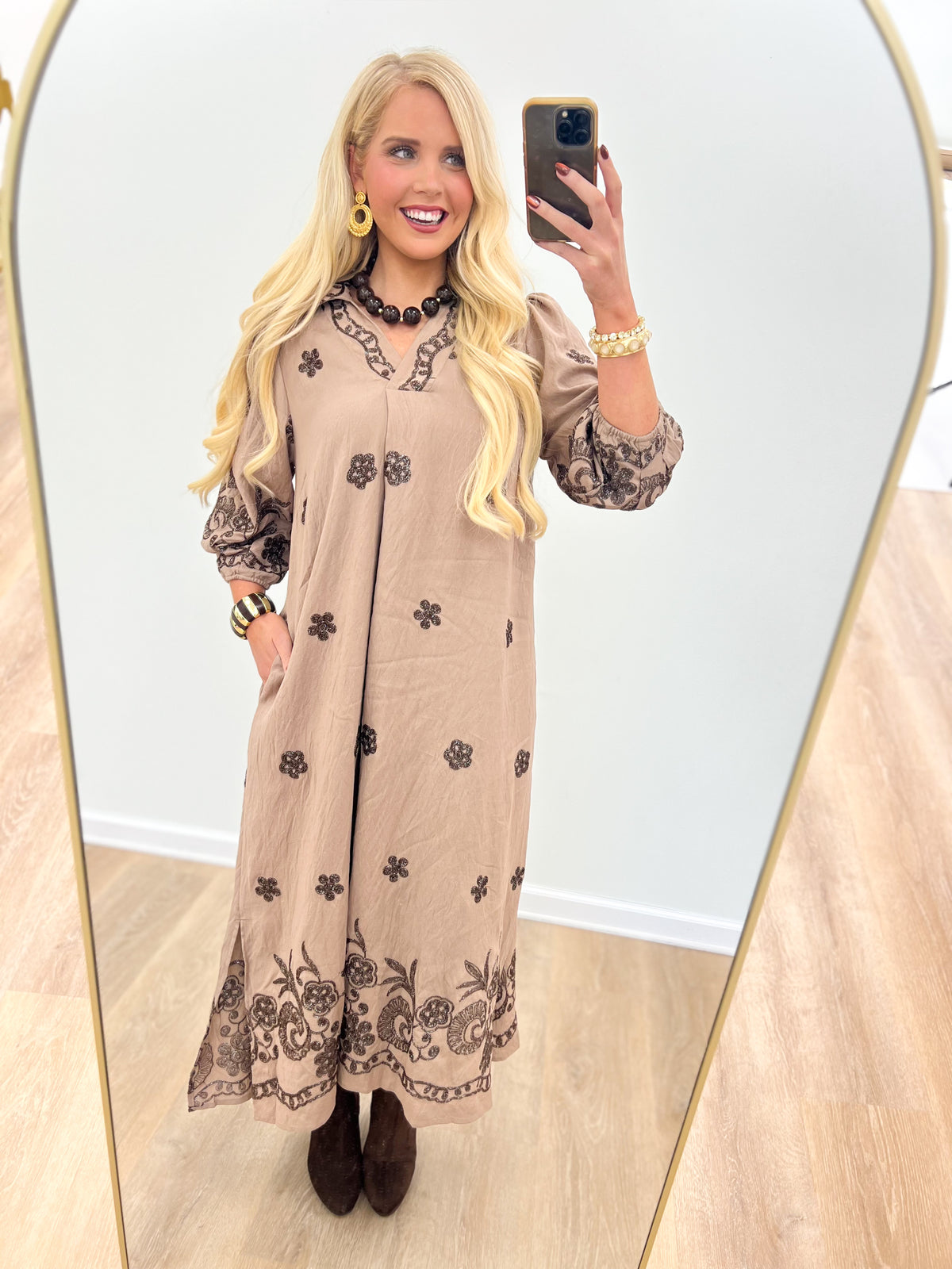 Umgee Embroidered Wide Open Collar Midi Dress with Pockets