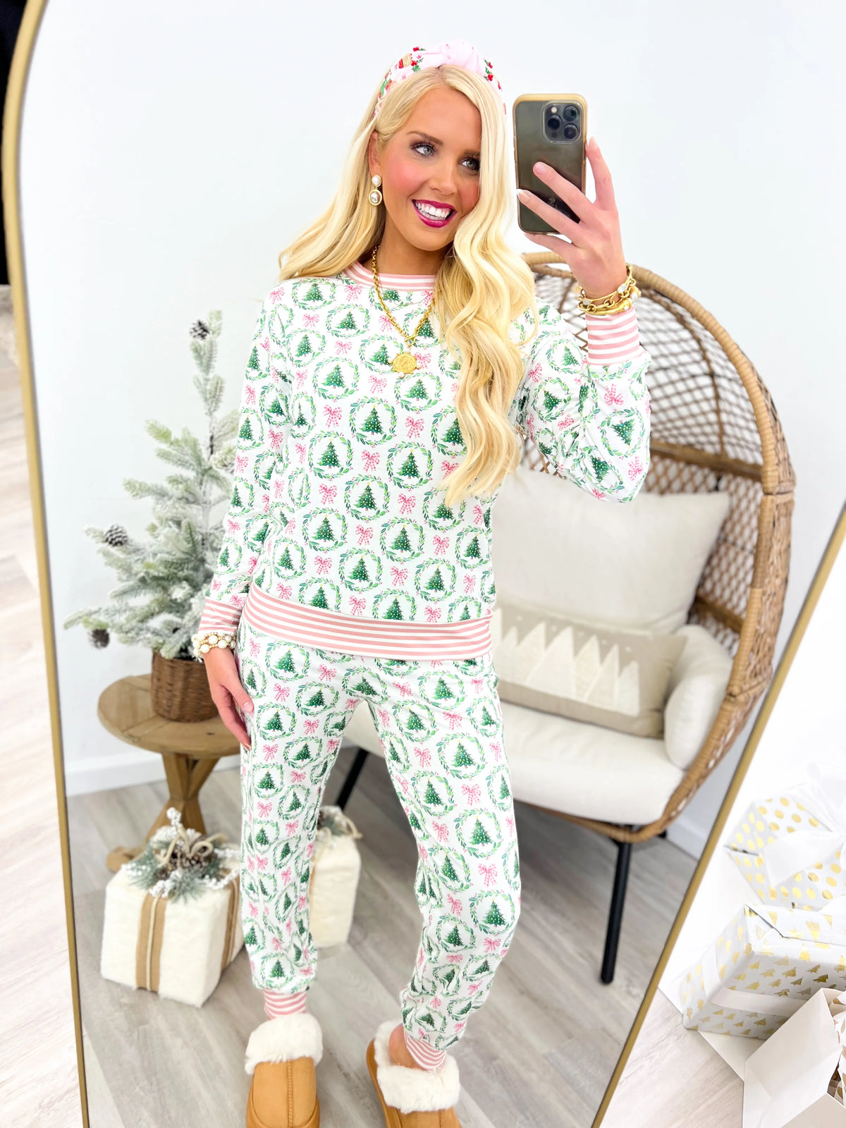 Green Christmas mix pajama set, patterned long-sleeve top and jogger-style pants