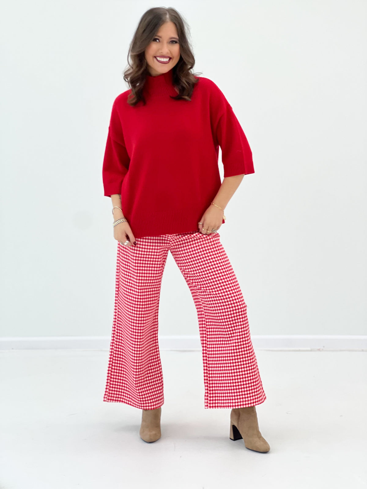 Red mock neck short-sleeve sweater with relaxed, boxy silhouette