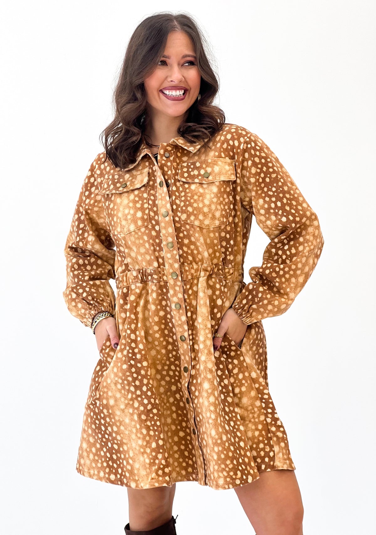 Bambi print button-down mini dress with long sleeves and collar, brown