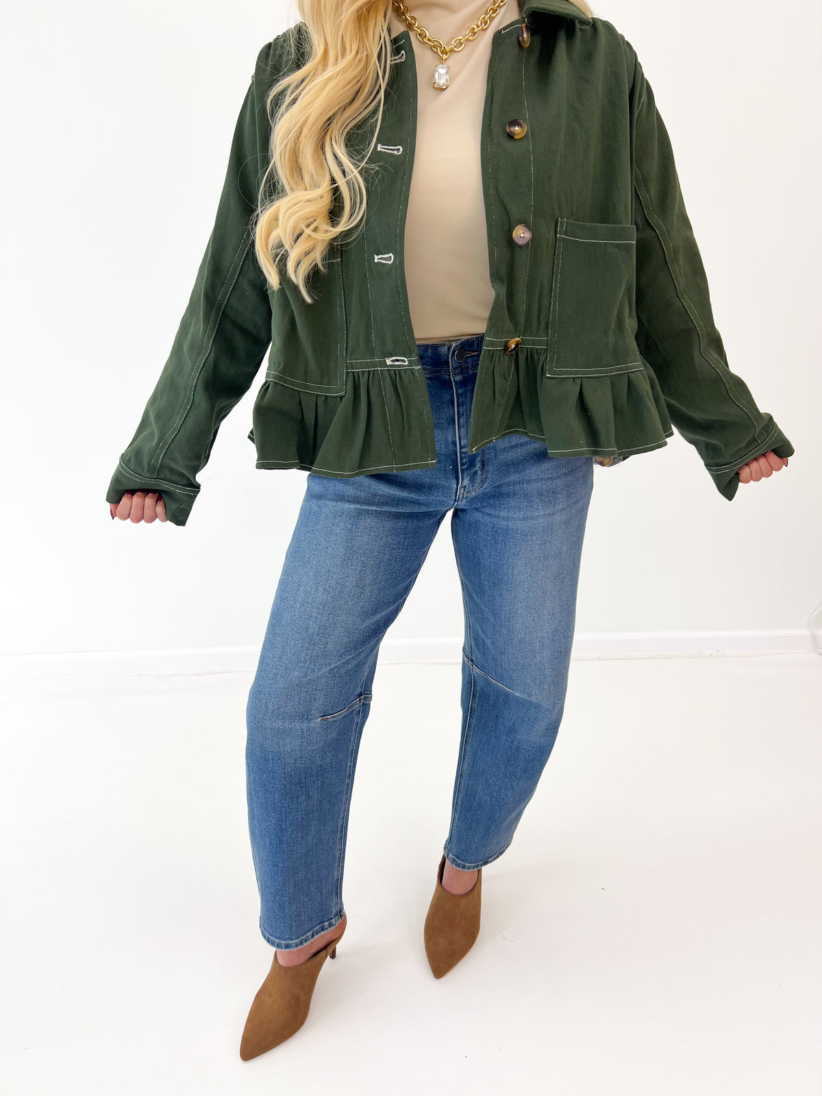 Olive oversized denim jacket with ruffle hem, button front, chest pockets