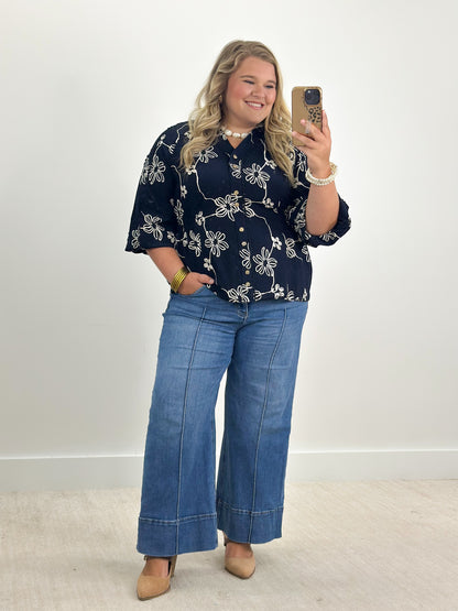 Navy floral printed button-detail top with loose fit and half sleeves