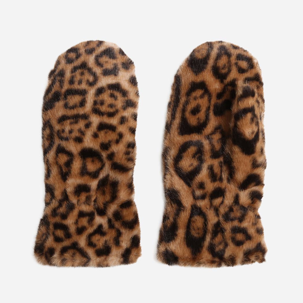 Leopard print faux fur winter mittens