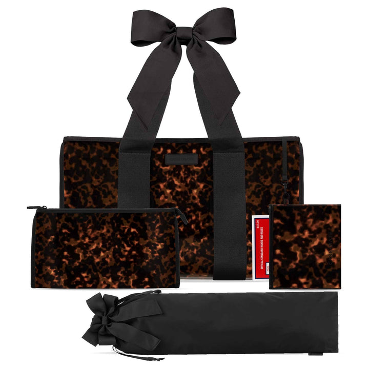 Mahjong jelly tote set with tortoiseshell tile print, black bow handles and pouches
