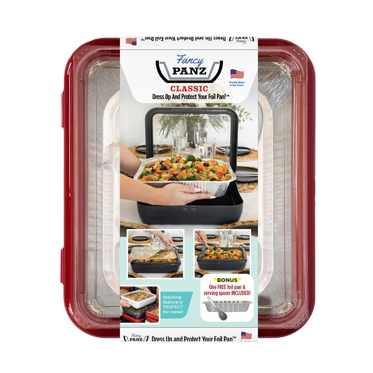 Red foil pan carrier set in retail packaging, includes clear foil pan and spoon