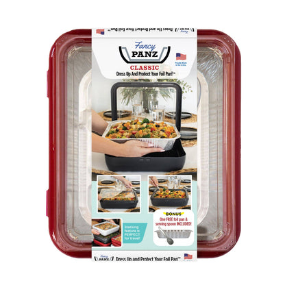 Red foil pan carrier set in retail packaging, includes clear foil pan and spoon