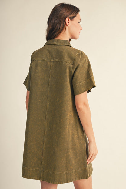 Jodifl Garment Washed Collared Shift Dress in Olive