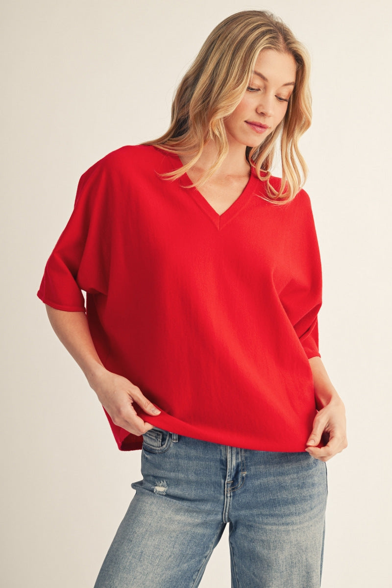 Jodifl Knit V-Neck Short Sleeve Sweater Top in Red, side